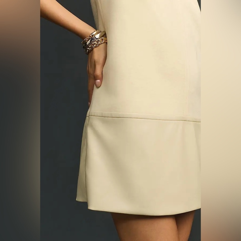 Anthropologie Cream Sleeveless Shift Dress w/ Faux Leather Hem LP - Picture 7 of 8